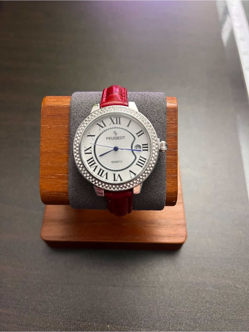 Peugeot Women's Silver Dial Watch with Red Leather Strap and Crystal Bezel